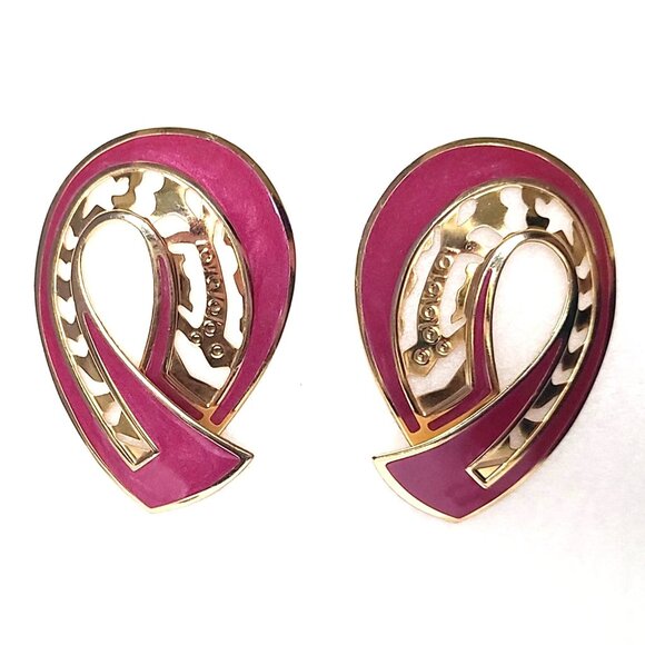 Signed Berebi Enamel Earrings Pink Purple Gold Tone Pierced Statement Ribbon 80s - Picture 9 of 9